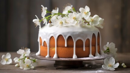 Bundt Cake with white icing and flowers on a wooden board, on light background. Ideal for content related to baking, celebrations, or dessert menus.