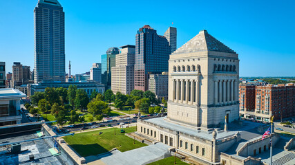 Aerial View of Neoclassical Building Amidst Indianapolis Skyscrapers