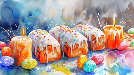 Watercolor illustration of Easter cakes, Kuliches, with white glaze and colorful sprinkles, surrounded by lit candles and colored eggs. Traditional Ukrainian Easter cupcakes. Festive bread. Aquarelle - obrazy, fototapety, plakaty