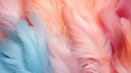 Soft feathers in pastel colors in shades of pink, peach, and blue. Feathers texture background. Use as Backdrops for design projects, Fashion or decor. Concept of Softness and elegance.