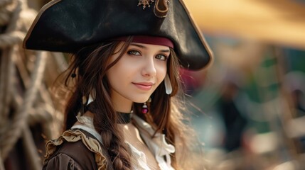 A Woman in a Pirate Pin Up Cosplay Background - A Girl in a Pirate Costume - Female Pirate...