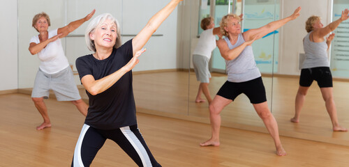 Active mature woman visiting choreography class with group of aged females, learning modern dynamic...