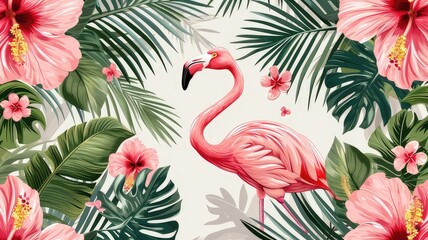 Tropical vintage pink flamingo, pink hibiscus, palm leaves floral seamless pattern grey background. Exotic jungle wallpaper.