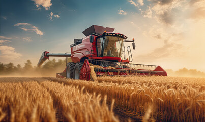 Fototapeta premium Combine harvester harvesting the wheat on the amazing wheat field