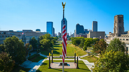 Aerial View of Urban Park with American Flag, Indianapolis Plaza