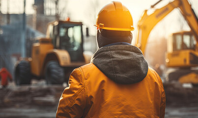 A construction worker in a reflective jacket with a safety helmet looks into the distance at a construction site with excavator in background - obrazy, fototapety, plakaty