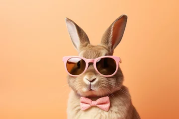 Deurstickers a rabbit wearing pink sunglasses and a bow tie © Dogaru