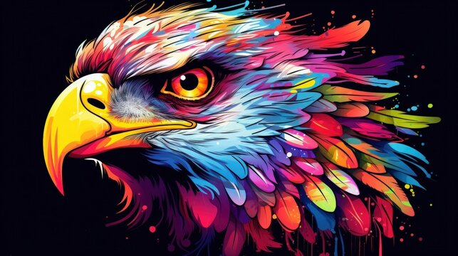 Eagle bird, rainbow vibrant colorsplash, watercolor style black background. Generate AI