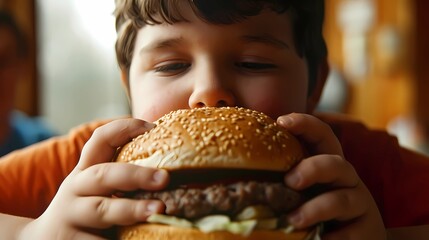 Fat kid eating big hamburger, close-up portrait