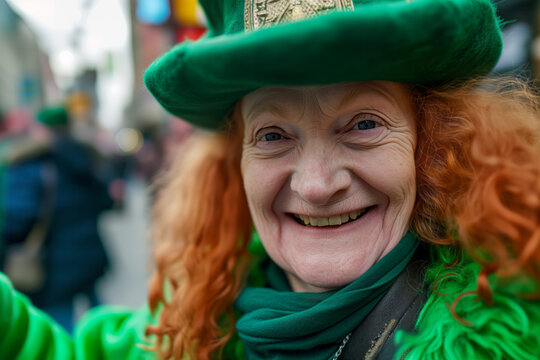 AI Generated Image of smiling senior redhead woman wearing St Patrick costume and hat while having fun on a street
