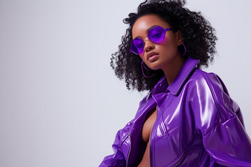 Stylish girl in purple hexagonal glasses and matching jacket of the same color - obrazy, fototapety, plakaty