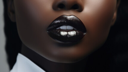 Beautiful female lips and slightly open mouth close-up. Portrait macro of the lower face of an African woman. An alluring charm. Design for an article, a website for the beauty industry.
