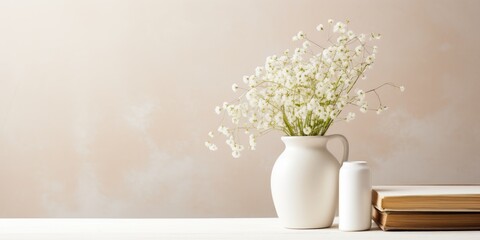 Gypsophila in a vase on a beige table next to a white book mockup.