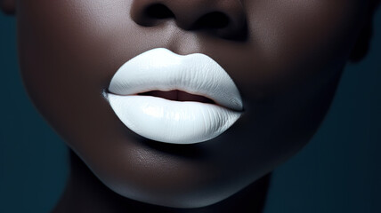 Women's lips, lip color template. Dark-skinned Charming model with smooth skin and white lips. Beautiful woman with white color lips close-up black skin. Closeup view of an African American woman. - obrazy, fototapety, plakaty