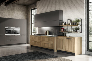 Modern luxury kitchen interior in minimal scandinavian style, grey colors, 3d rendering