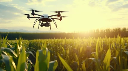 Poster Weide a drone flying over a field of corn
