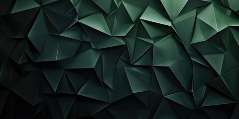 Long panoramic dark green abstract background banner with 3D geometric triangular gradient shapes for website, business, or print design template. Metallic metal paper pattern illustration wall. - obrazy, fototapety, plakaty