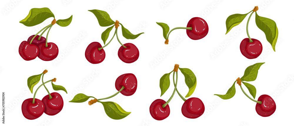 Wall mural set of ripe, juicy cherries.vector graphics.