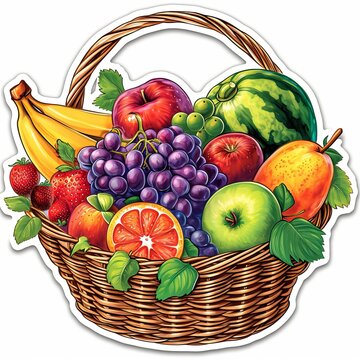 Wicker basket brimming with an assortment of fresh fruits such as grapes, apples, and bananas, on white background, sticker