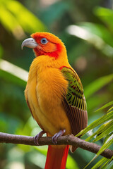 Colorful tropical bird in jungle on a sunny day. Rainforest illustration with bright beautiful birdie among exotic plants with big leaves. Background with pristine nature landscape. Generative AI