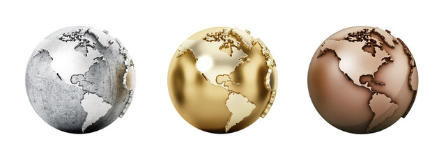 Silver, gold and bronze globes isolated on transparent background. 3D illustration © Destina