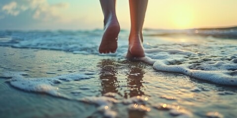 Barefoot walking on the shore in the morning - obrazy, fototapety, plakaty