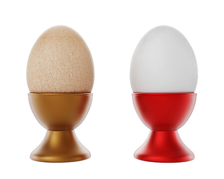 Egg holders with white and yellow eggs isolated on transparent background. 3D illustration