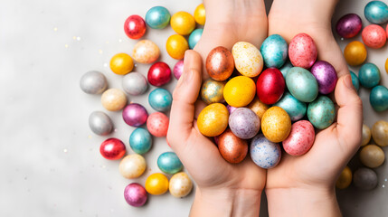 Fototapeta na wymiar easter day background with multicolored hands and eggs space for texts