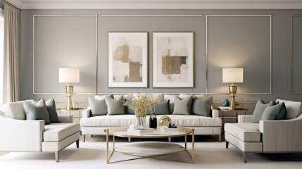 Modern sophisticated living room interior design with elegant color palette 