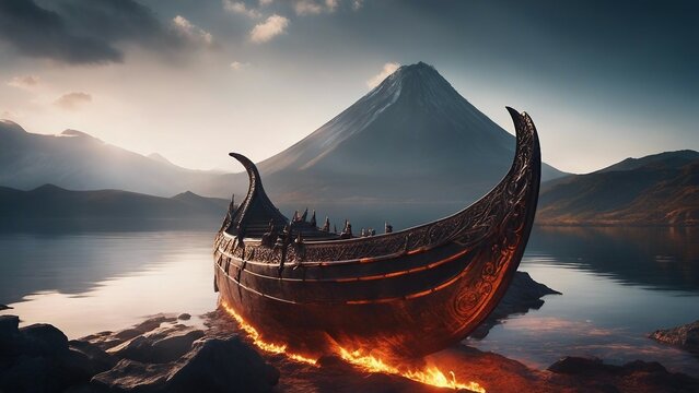 A fantasy long boat on the rocks at a lake of fire,  