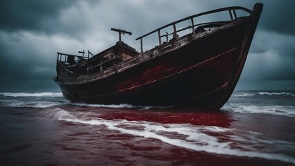 A scary beach with a sinking boat and a ghost at a sea of blood, with storm 