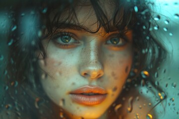 Close-up of a woman's intense gaze through a raindrop-speckled glass, with a cool blue tone, Revival of analog photography with a digital twist