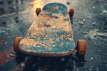 Close-up of a weathered skateboard on a wet, gritty urban street after the rain, Vintage skateboard scene with a modern twist - Powered by Adobe