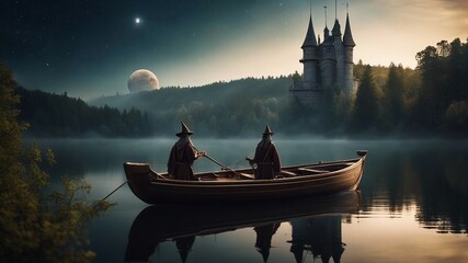 A wooden row boat carrying a wizard and his apprentice, sailing on a lake that reflects the castle 