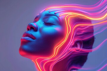 A serene woman's face illuminated by flowing neon lights, a metaphor for emotional healing, Visual metaphor of emotional healing with flowing neon elements, the head of the mind