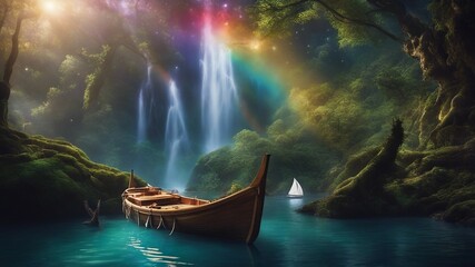 Fantasy_ A rainbow boat    , sailing under a waterfall of stars, with a magical forest   - Powered by Adobe