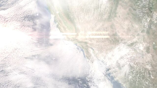 Earth zoom in from space and focus on Commerce, California, USA. 3D Animation. Satellite view. Background for travel intro. Images from NASA.