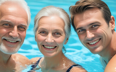 Obraz premium Three generations in swimming pool blue water. Senior man and woman and young man.