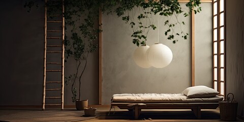 Japanese-style flat interior with moon painting above tatami mat bed, ivy on wooden rack, ladder by window. Actual photo.