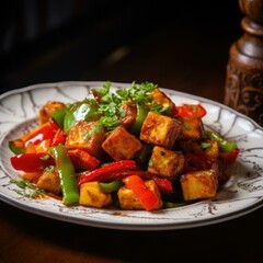 A delicious plate of tofu and peppers, perfect for a satisfying meal. Generative AI.