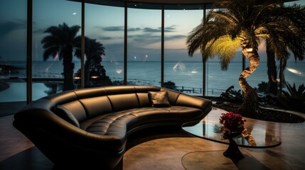 Fototapeta premium A luxurious curved black leather sofa with high-grade throw pillows in a seaside villa, surrounded by palm trees and a breathtaking view of the sea through full glass windows. Generative AI.