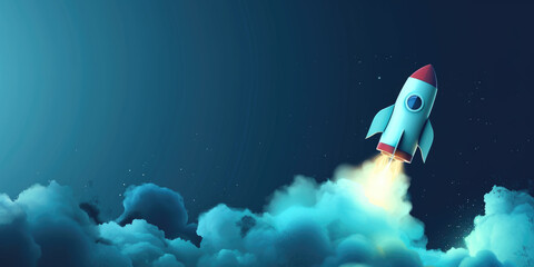 Electric blue banner with a rocket on the side with space for copy space.
