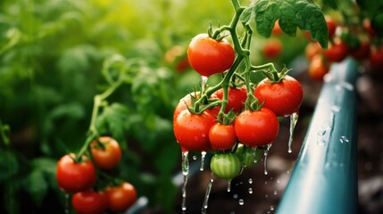 Fresh and vibrant tomatoes growing on a drip irrigation system. Generative AI.
