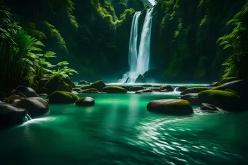 Keuken spatwand met foto waterfall in the forest © hassan