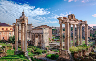 Fototapeta na wymiar The Roman Forum, seen from Capitoline Hill. It is a rectangular forum surrounded by the ruins of several important ancient government buildings at the center of the city of Rome.