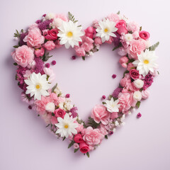 Heart of fresh flowers on a light pink background, fresh flowers in the shape of a heart with white chrysanthemums and pink carnations 