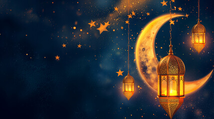 Night sky where a celestial dance unfolds with a golden moon, adorned with mesmerizing patterns, lanterns, and stars