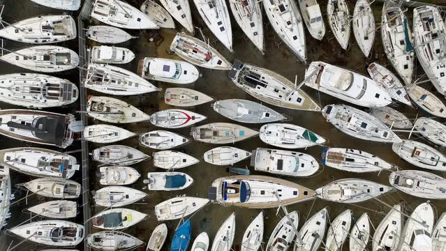 Tightly packed boats in Lorient's dry dock.