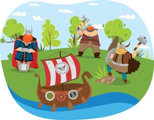 Three cartoon vikings near a drakkar on riverbank. Vikings with axes and helmet, campsite tent. Medieval Norse warriors, Viking adventure. Vector illustration
