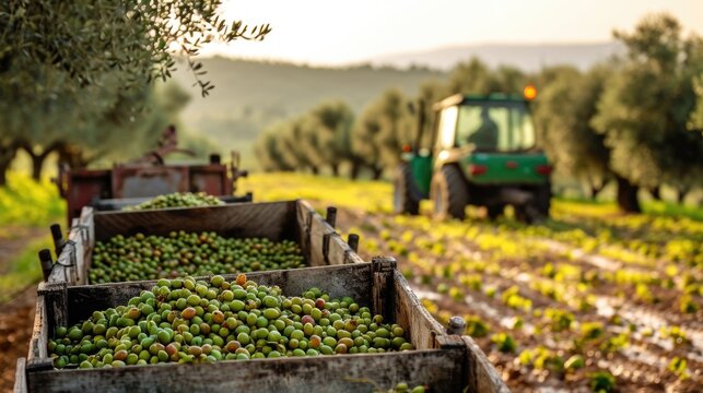 selective focus on wooden box from olive harvest, on blurred background of field and transport. Conceptual background for Olive Day image